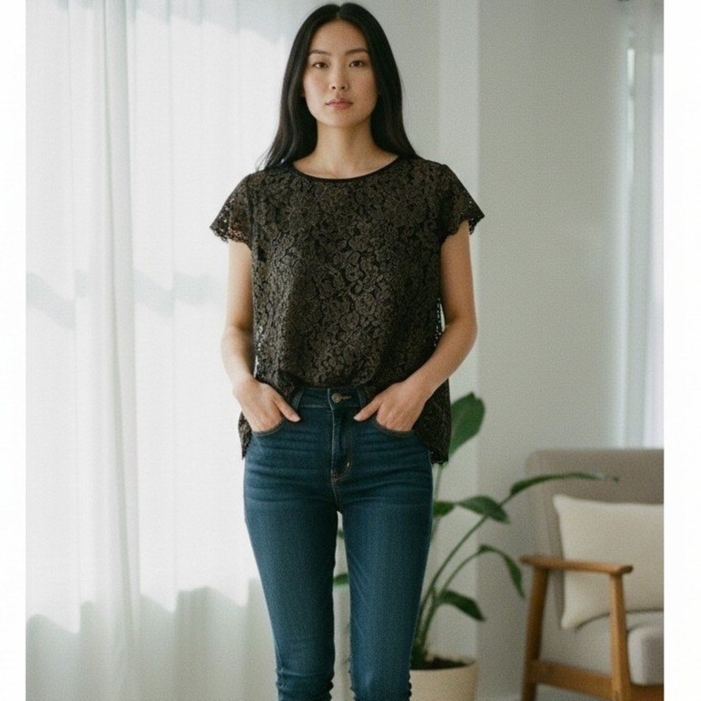 Joie Top Women XS Black Gold Lace‎ Metallic Floral Romantic Boho